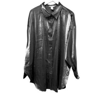 H&M Metallic Silver Top Plus Size XXL Long Sleeve Button Up Oversized Boyfriend